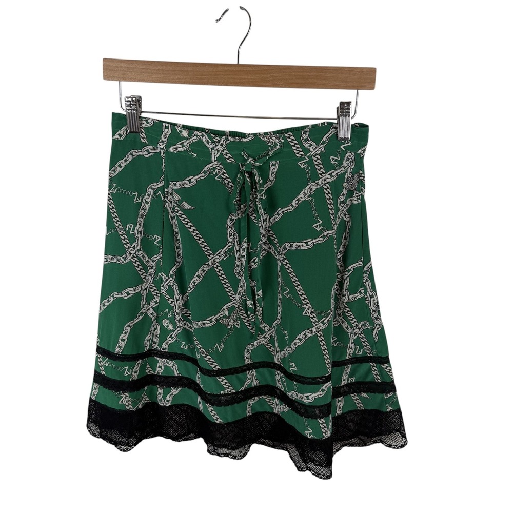 Zadig & Voltaire Jaelle Chaines Green Silk Lace Trim Mini Skirt Sz 34 Old Money